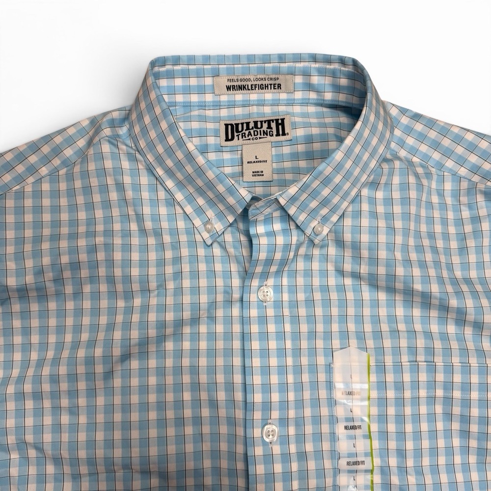 Duluth Trading Wrinklefighter Relaxed Fit Short Sleeve Shirt Men L Blue White